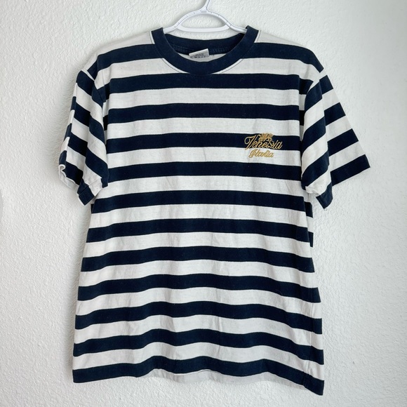 Vintage 90s navy blue and white stripe Venice Italy gold t-shirt women’s size L - Picture 1 of 6